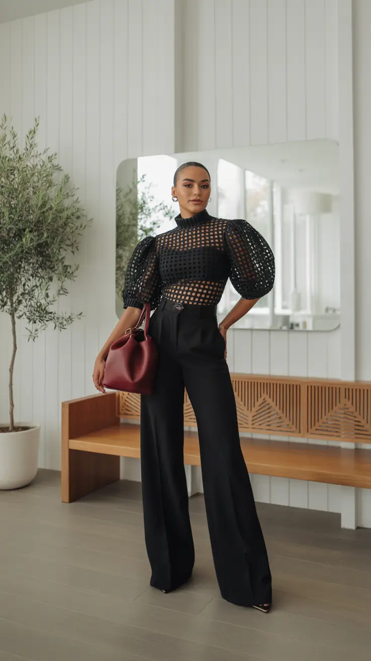 trendy outfits 2026 Black Sheer Geometry With Sculptural Drama