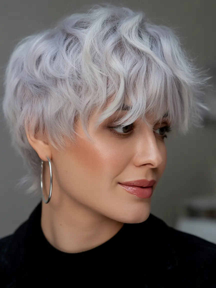 pixie-haircut Silver Wavy Pixie With Soft Face-Framing Bangs
