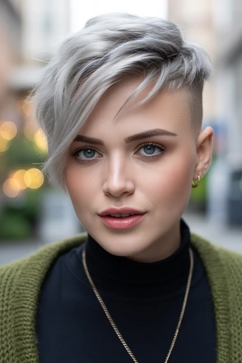 pixie-haircut Sleek Silver Undercut Pixie With Side-Swept Fringe