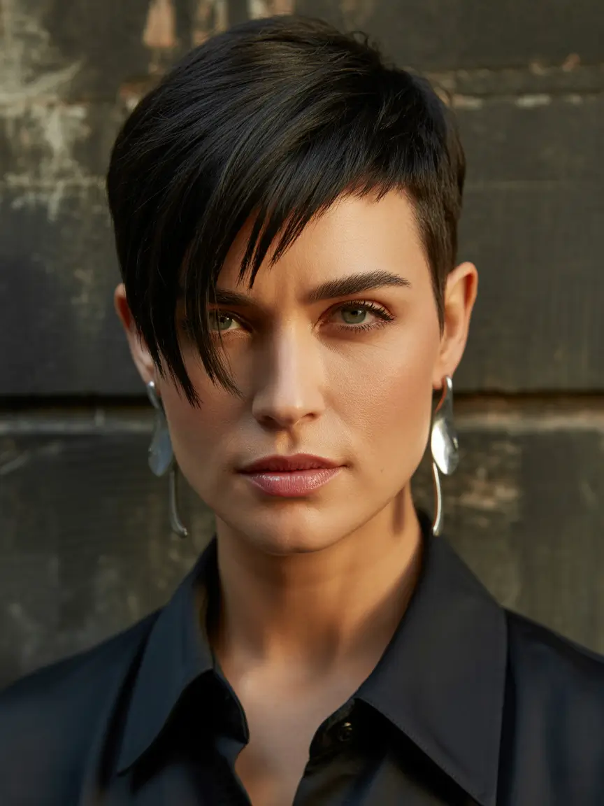 pixie-haircut Midnight Black Asymmetrical Pixie With Sleek Front Panels
