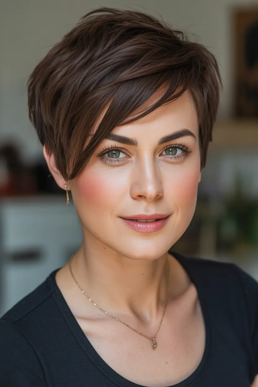pixie-haircut Glossy Brunette Pixie With Clean Side-Swept Fringe
