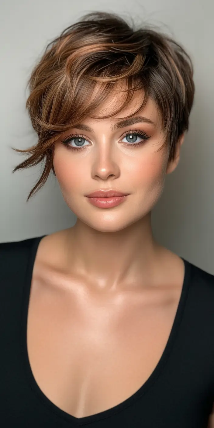 pixie-haircut Warm Brunette Pixie With Windswept Fringe