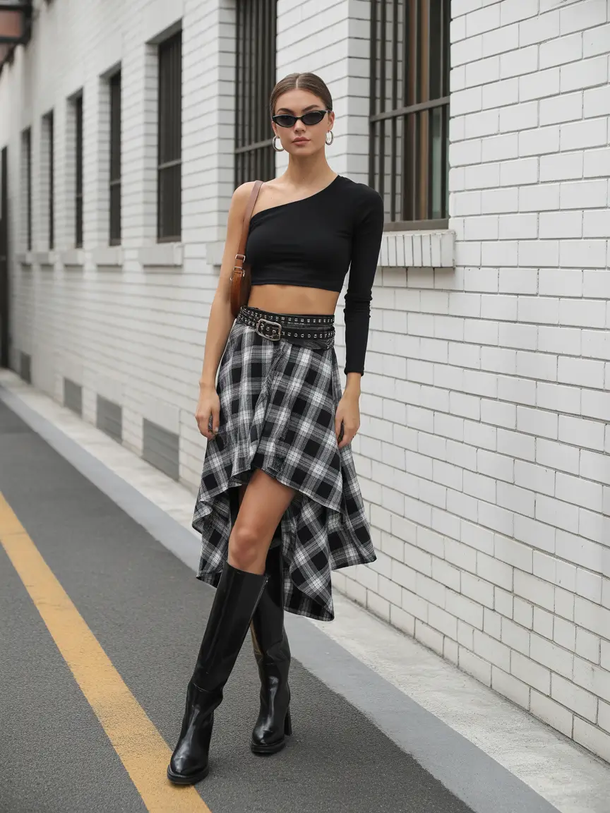 rave outfits Plaid Asymmetry With City-Chic Energy