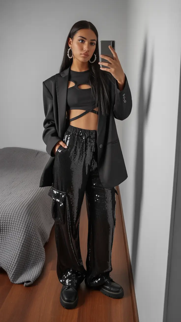 rave outfits Dark Sequin Street-Chic With Tailored Edge
