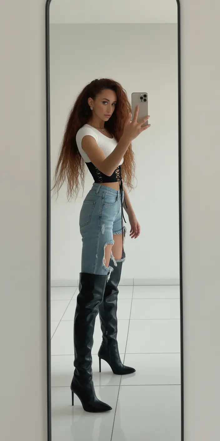 rave outfits High-Rise Denim Edge With Sculpted Contrast