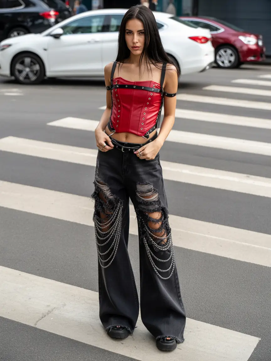 rave outfits Red Corset Heat With Chain-Draped Denim