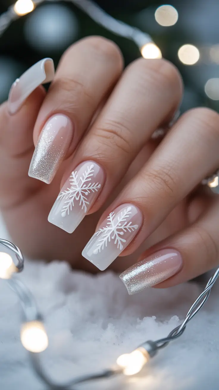 white christmas nails ideas 2025 Crystal Snowflake Glow