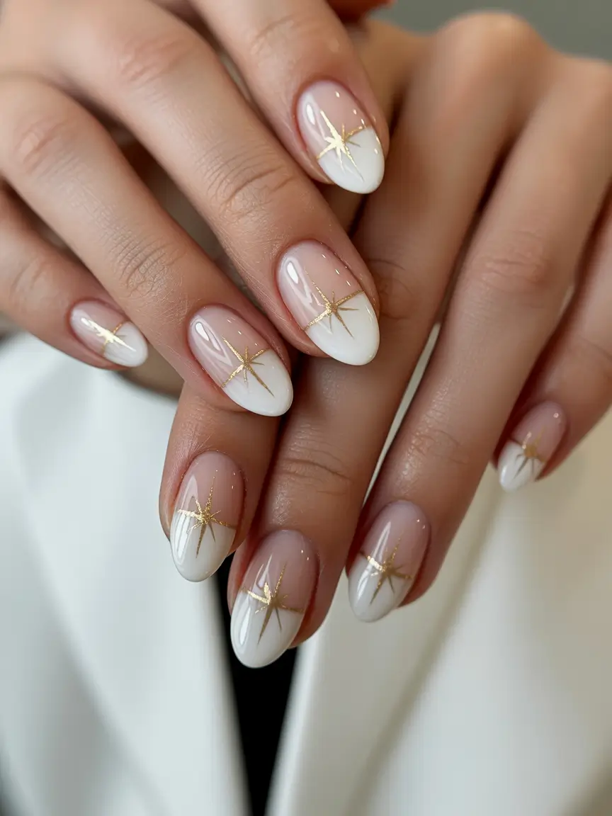 white christmas nails ideas 2025 Celestial French Elegance