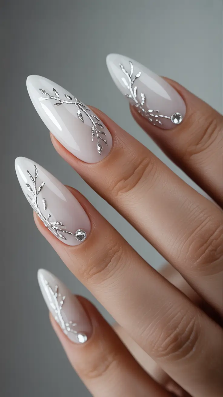 white christmas nails ideas 2025 Silver Frost Branches