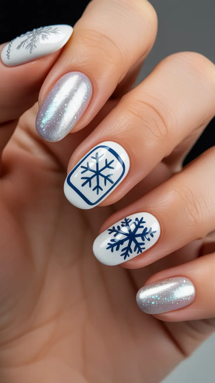 white christmas nails ideas 2025 Blue Snowflake Charm