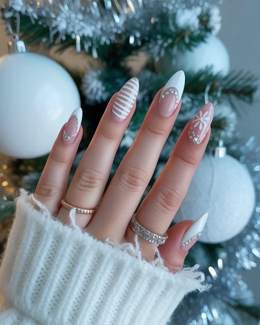 white christmas nails ideas 2025 Gift-Wrapped White Glam