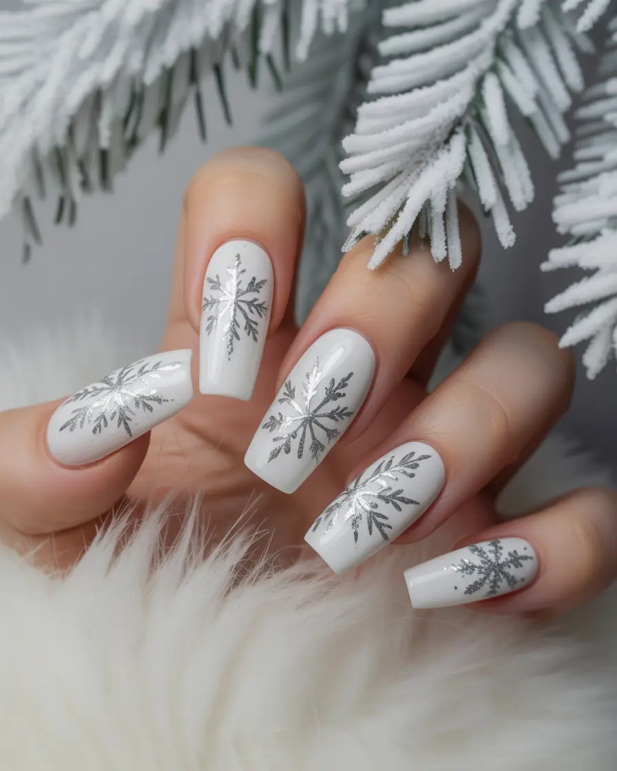 white christmas nails ideas 2025 Silver Snowflake Chic