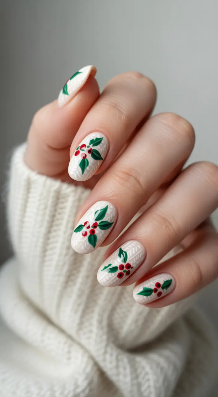 white christmas nails ideas 2025 Holly Berry Knits