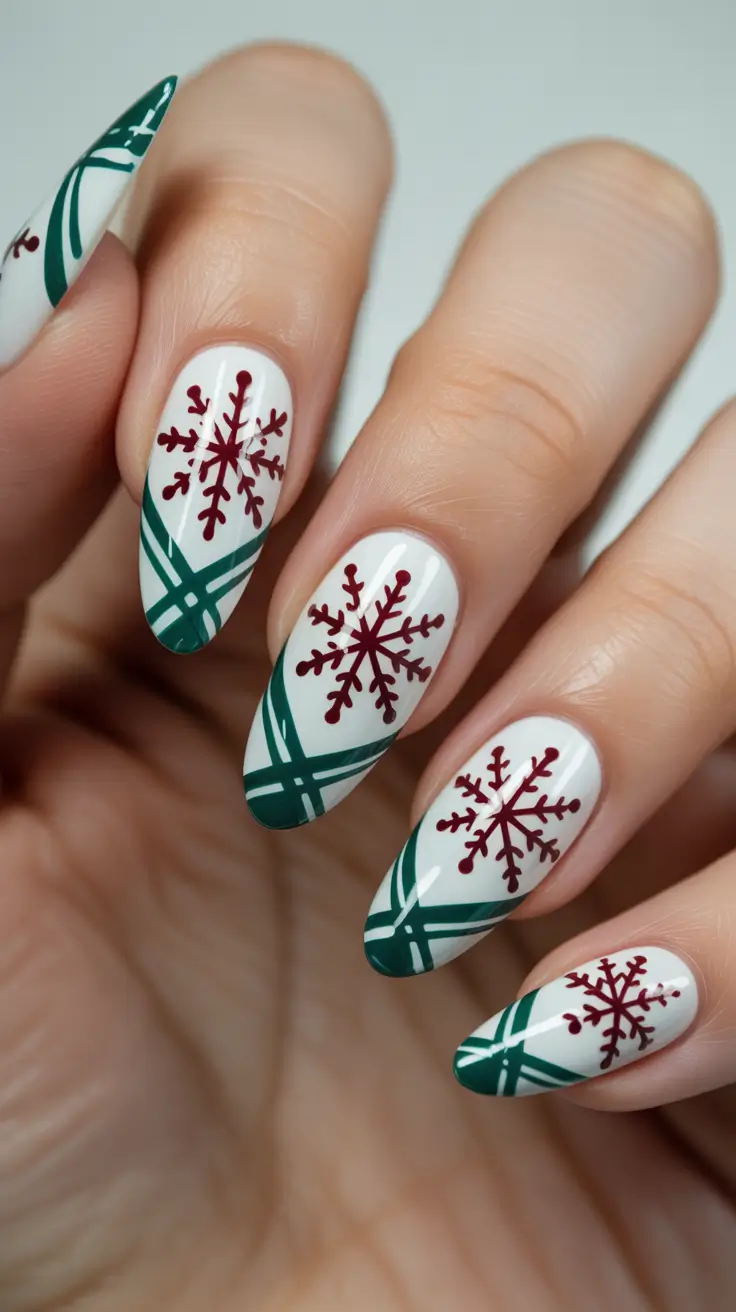 white christmas nails ideas 2025 Festive Ribbon Snowflakes