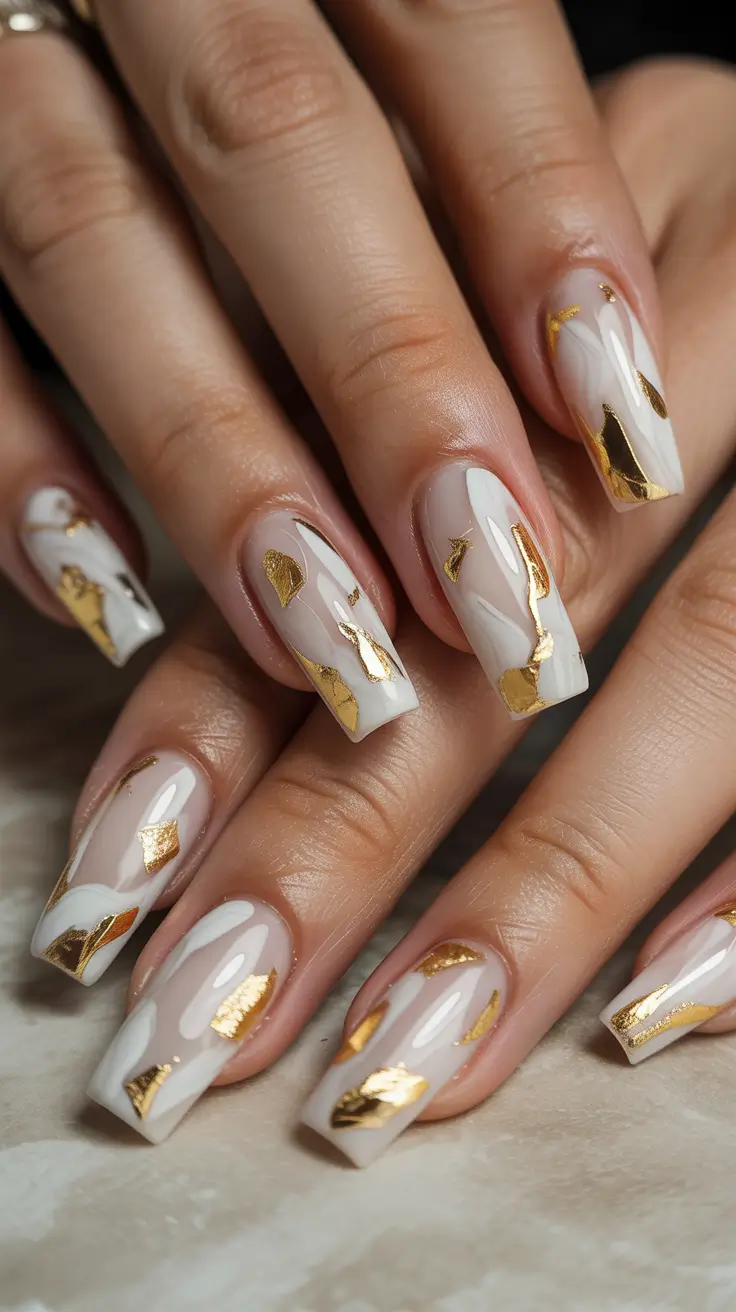white christmas nails ideas 2025 Golden Marble Luxe