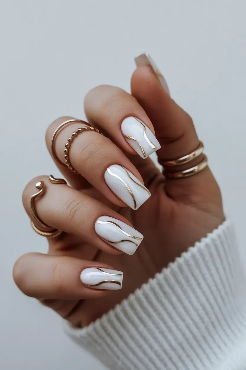 white christmas nails ideas 2025 Gold-Lined Simplicity