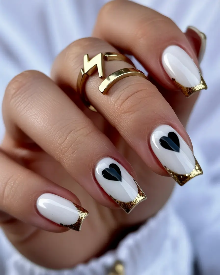 white christmas nails ideas 2025 Black Hearts and Golden Edges