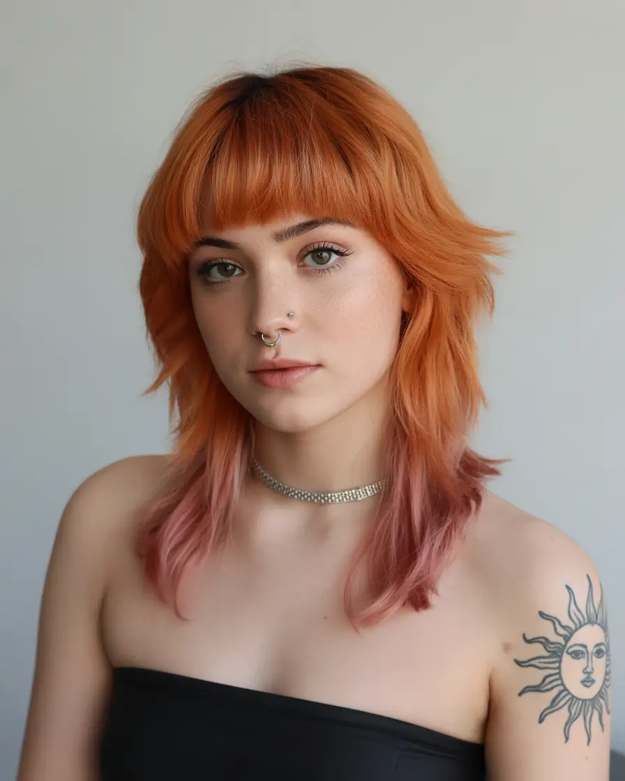 wolf haircut Peachy-Pink Wolf Cut With Blunt Micro Bangs