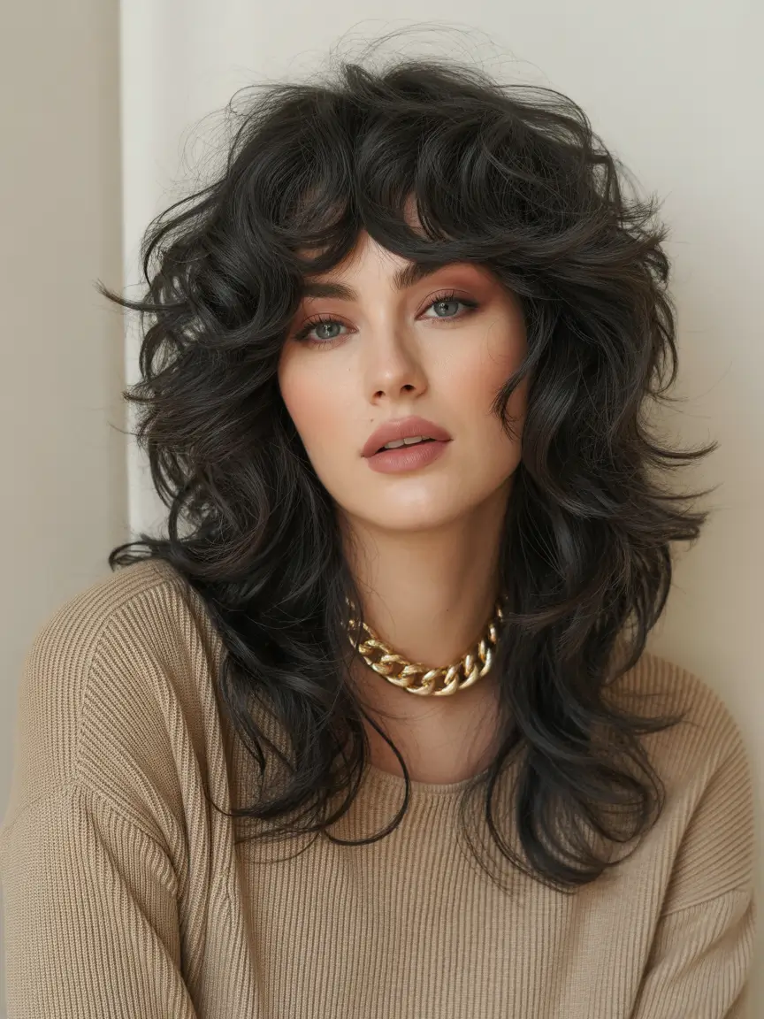 wolf haircut Voluminous Charcoal Wolf Cut With Glossy Waves