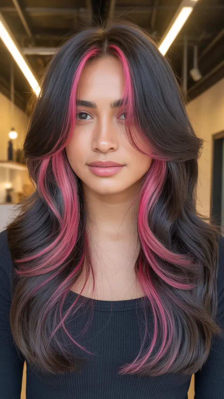 Hair Color Ideas to Look Younger Vibrant Face-Framing Pink for Brunettes