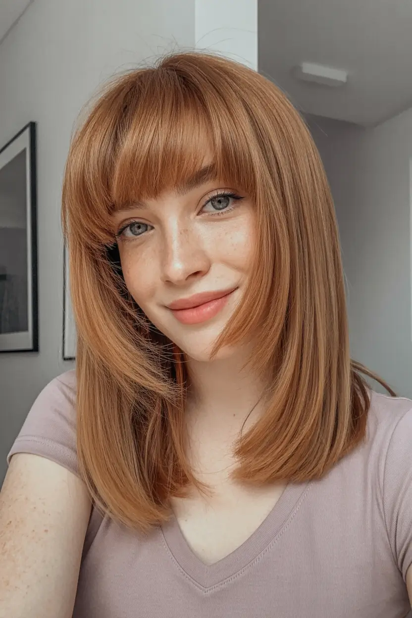 Hair Color Ideas to Look Younger Copper Layers with Retro Bangs