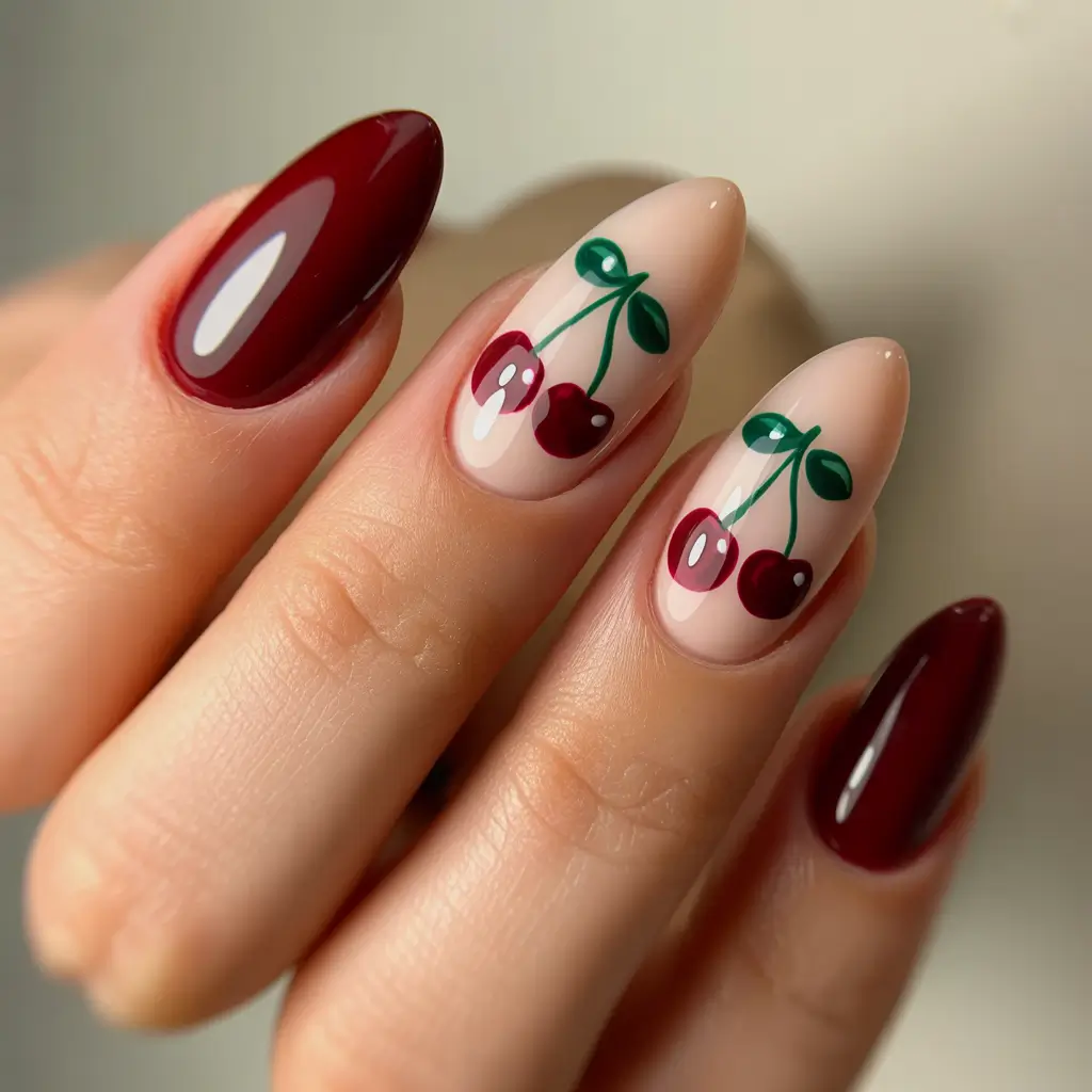 acrylic nails Cherry Art With a Sweet Girly Finish