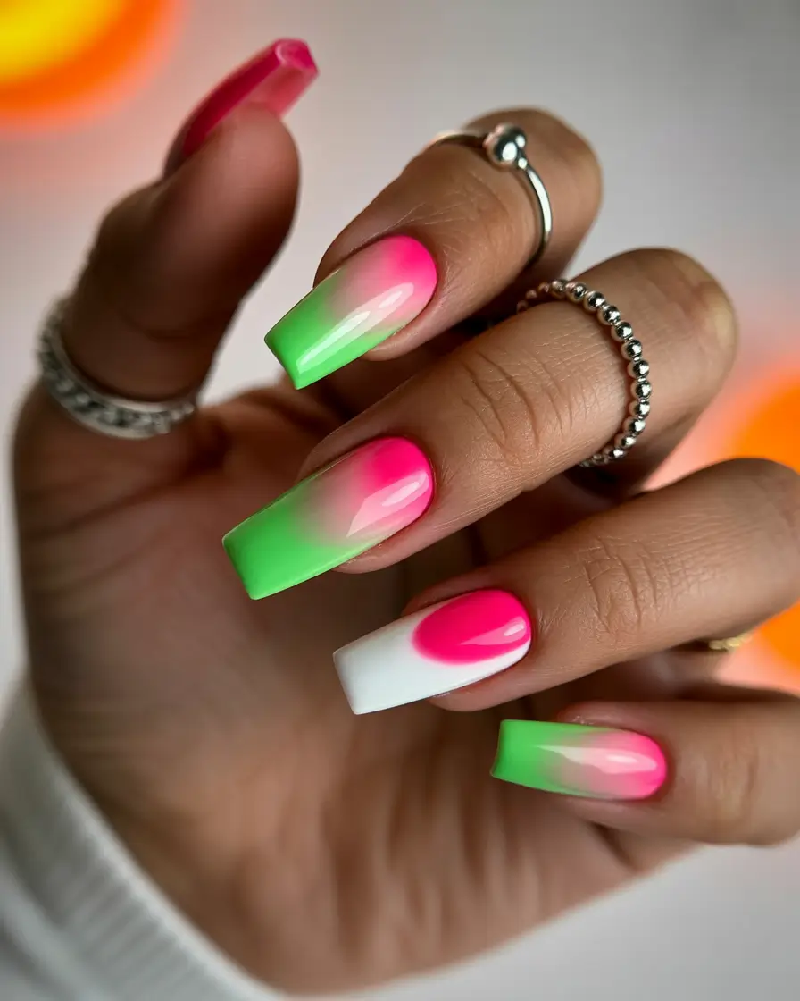 acrylic nails Neon Green and Pink Ombre With a Playful Edge