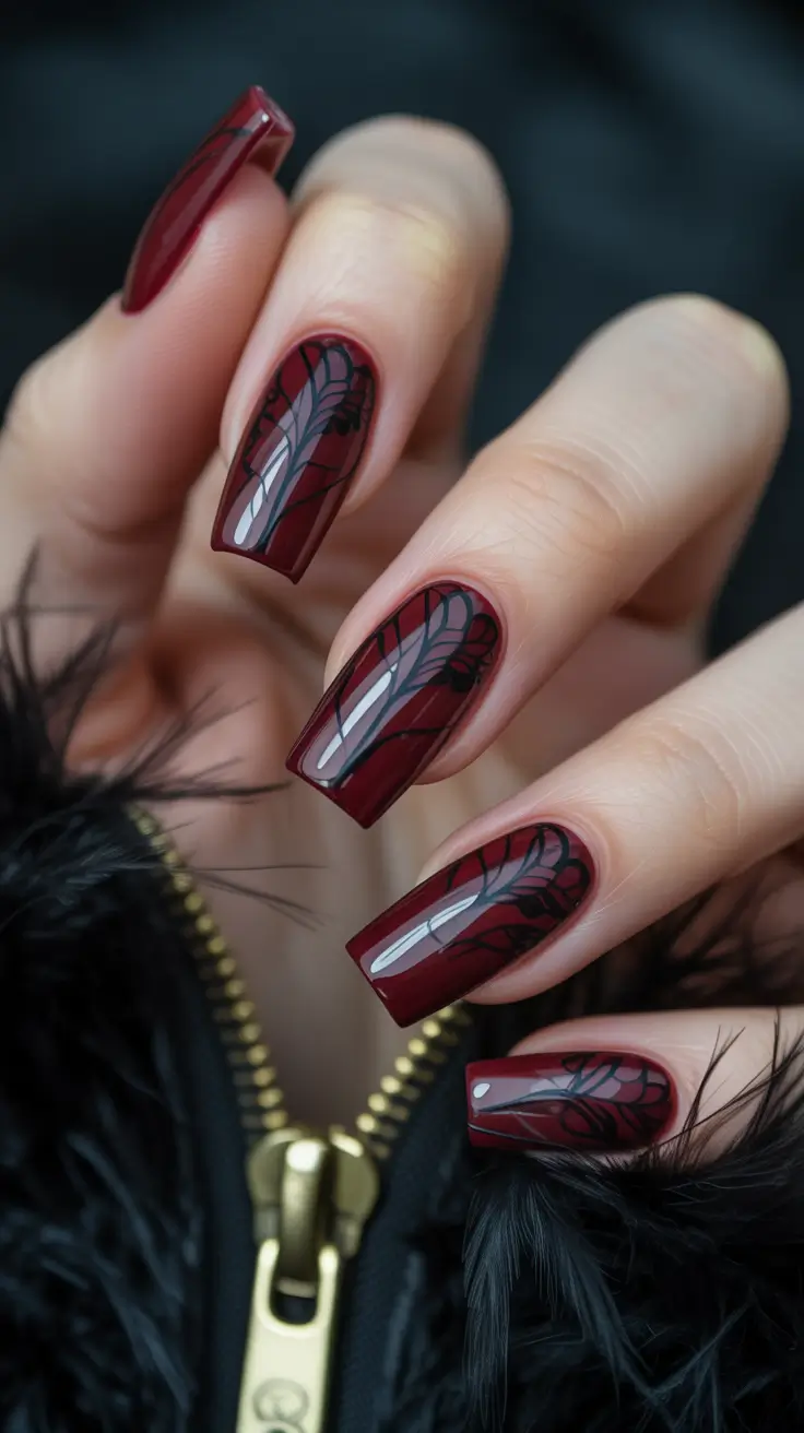 acrylic nails Deep Red Graphic Art With a Dramatic Finish