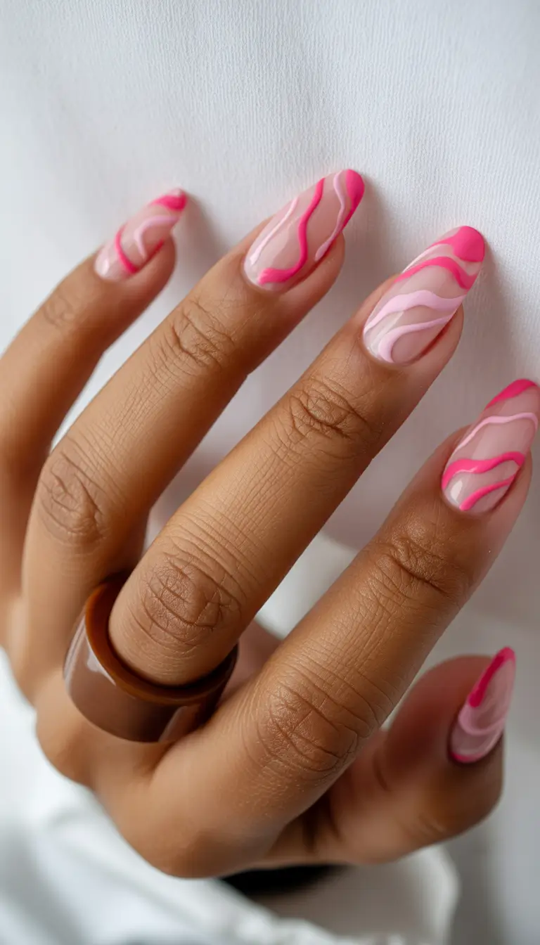 acrylic nails Pink Abstract Waves That Feel Light and Modern