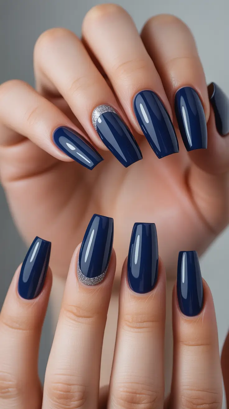 acrylic nails Deep Navy Glam With a Subtle Accent