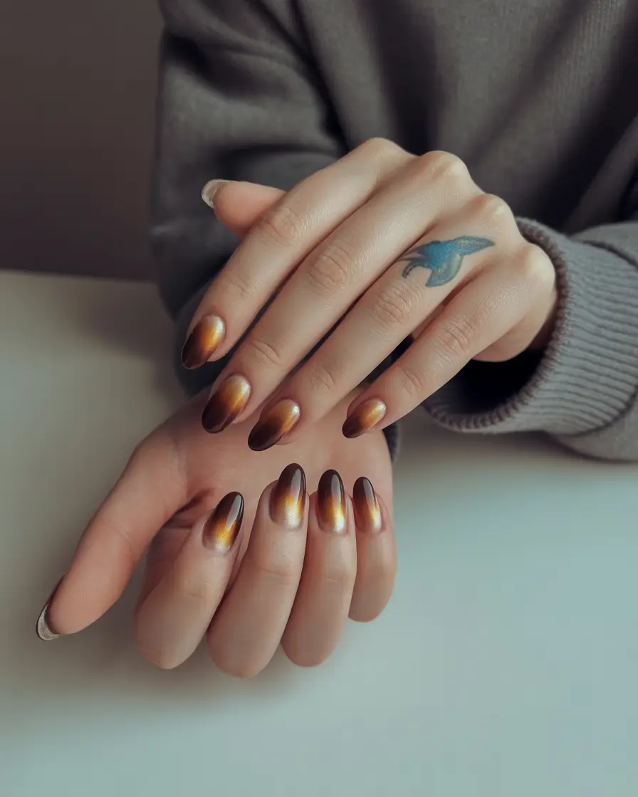 acrylic nails Warm Brown Chrome For a Sun-Kissed Mood