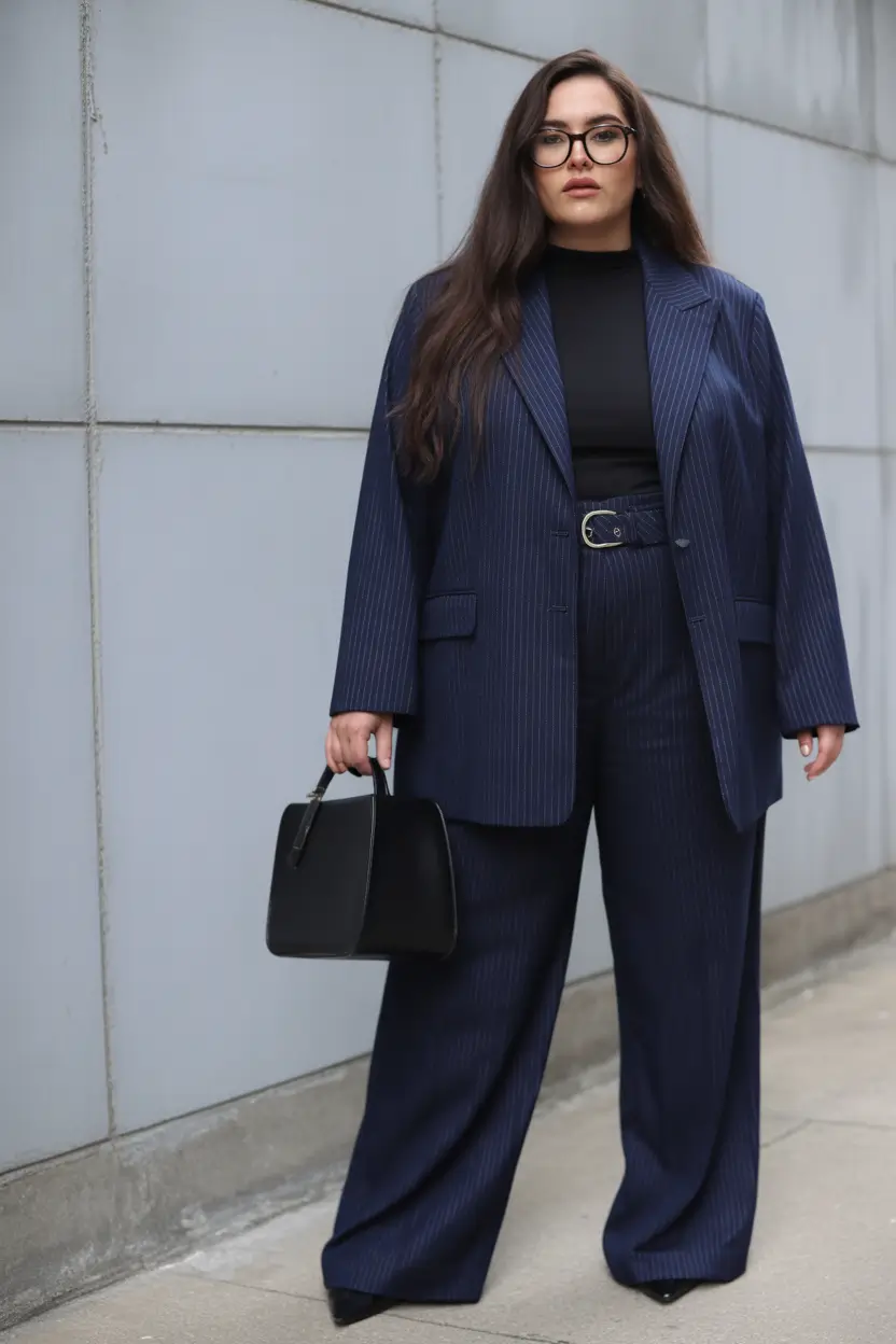 basic outfits Navy Pinstripe Power Suiting With a Soft Edge
