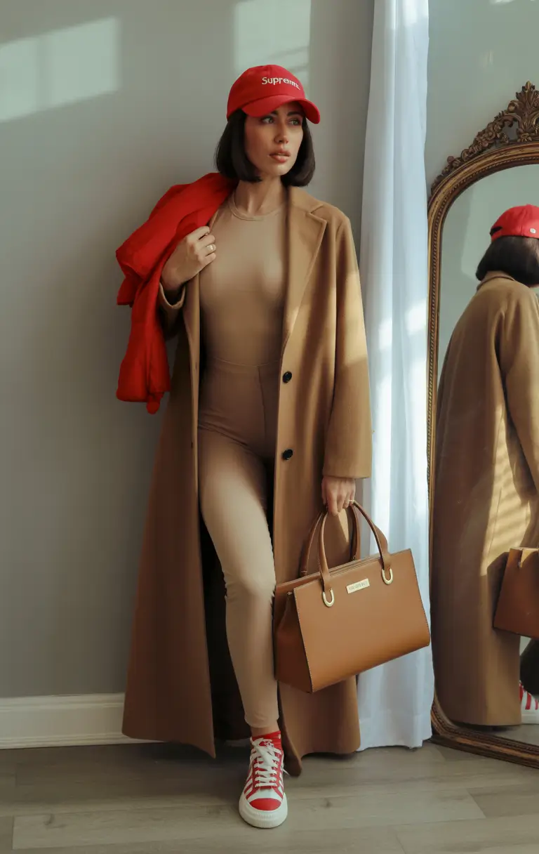 basic outfits Warm Camel Layers With a Sporty Red Accent