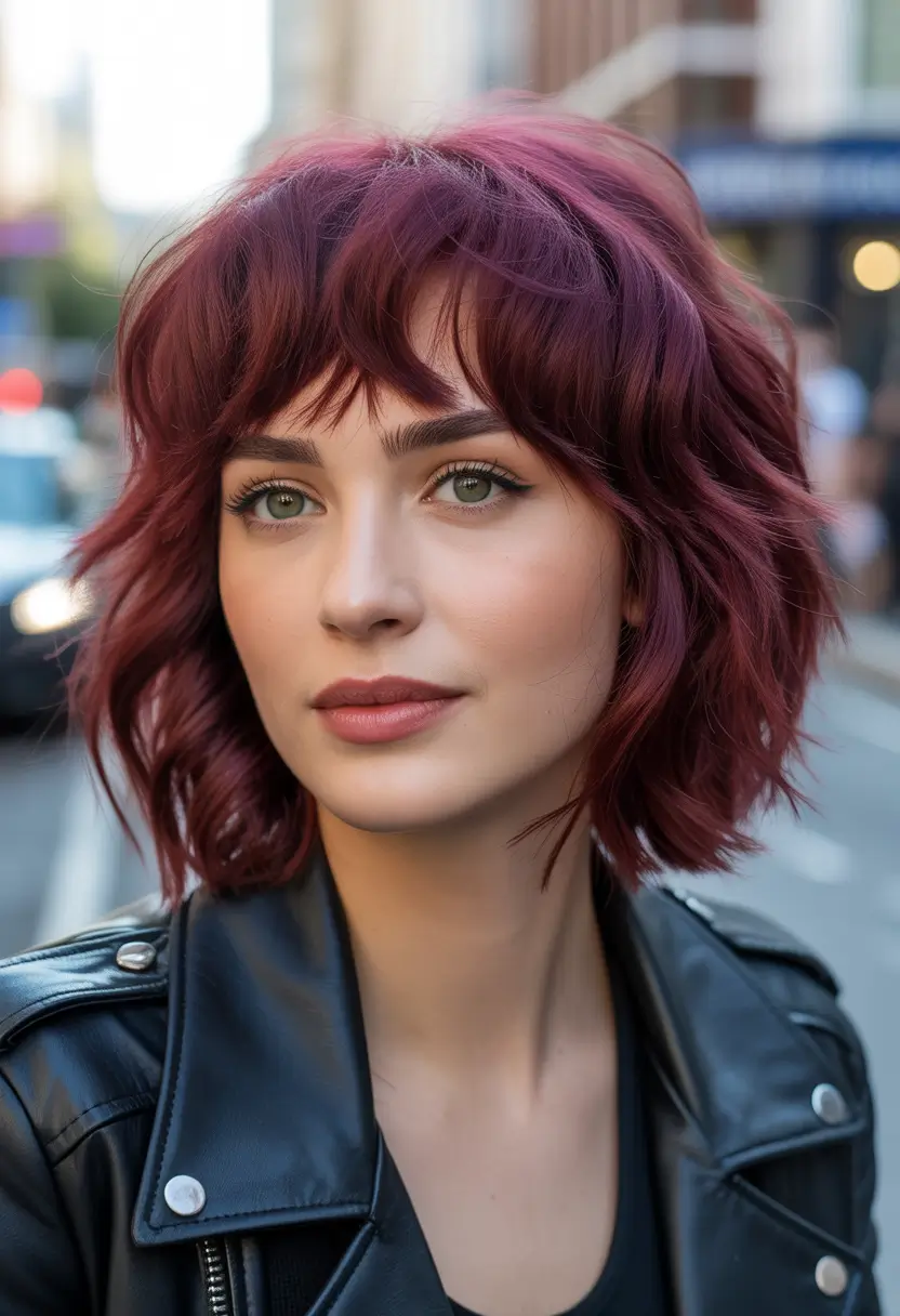 lob haircut Textured Burgundy Lob With Playful Fringe 2026