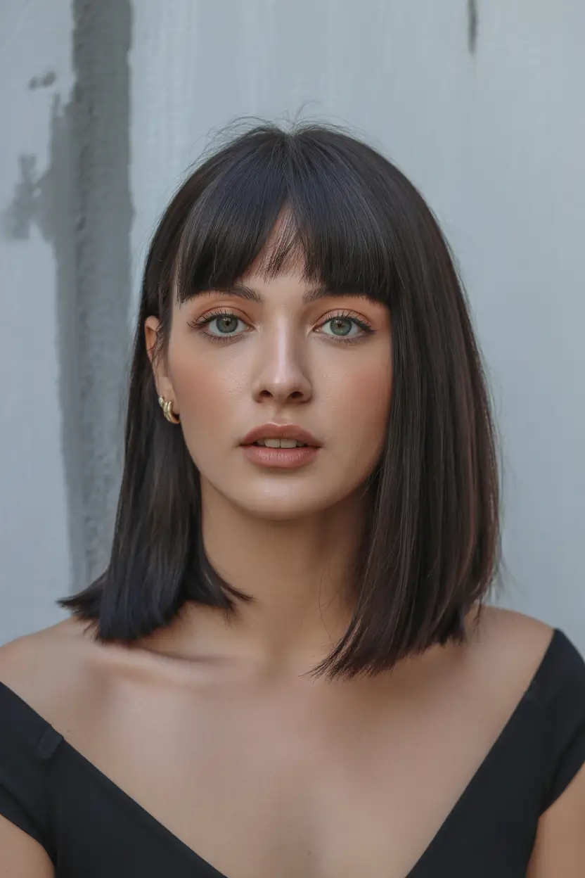 lob haircut Dark Straight Lob With Blunt Baby Bangs 2026