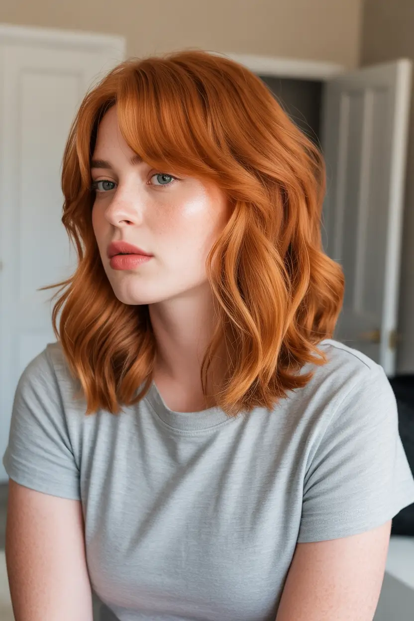 lob haircut Soft Copper Wavy Lob With Curtain Bangs 2026