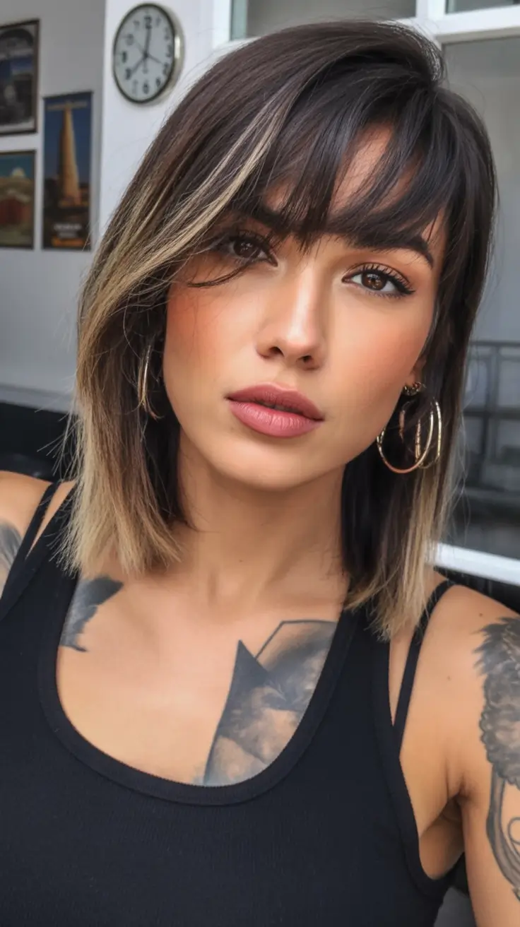 lob haircut Edgy Brunette Lob With Textured Ends and Fringe 2026