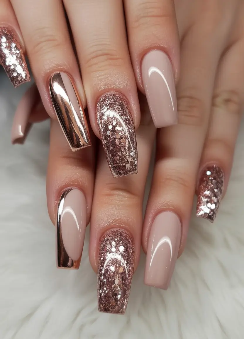 birthday nails Rose Gold Glitter Nails for a Subtle Glow-Up