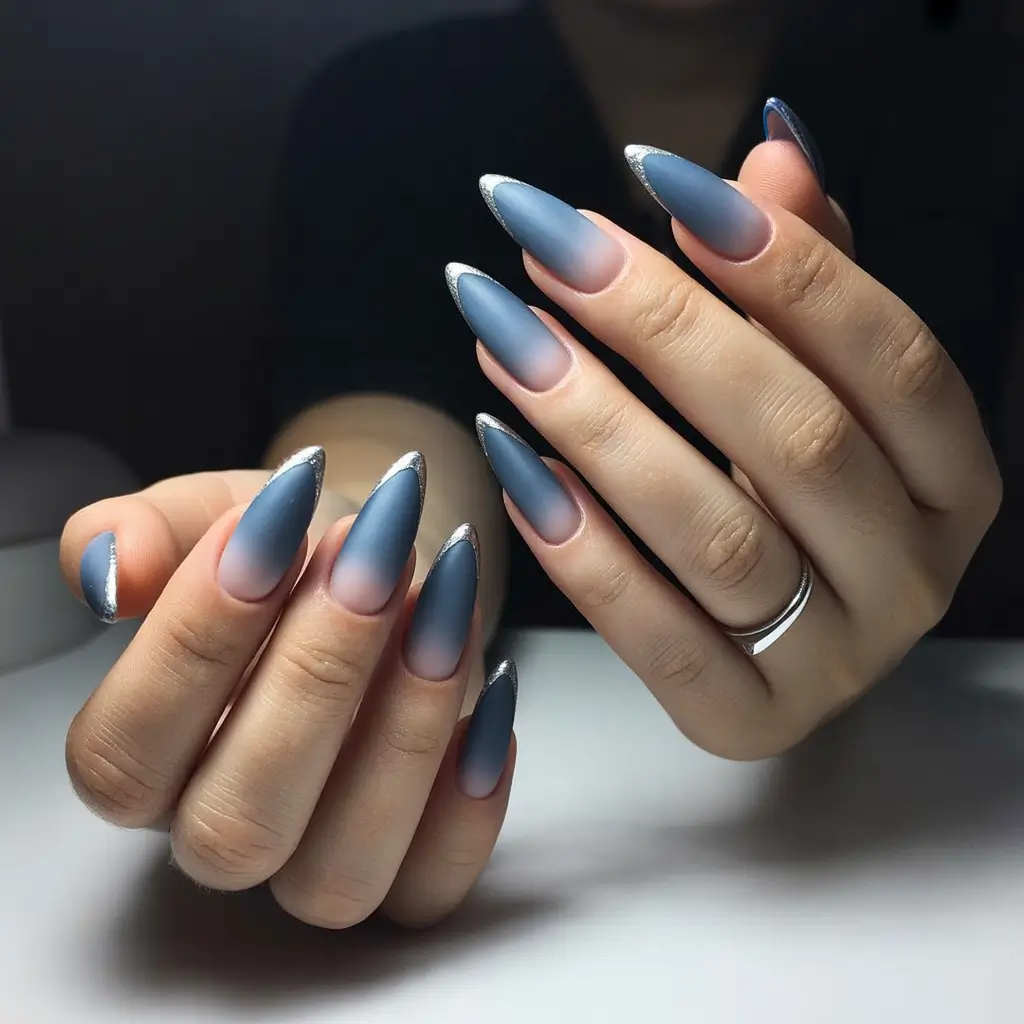birthday nails Matte Blue Almond Nails with Silver-Tipped Drama