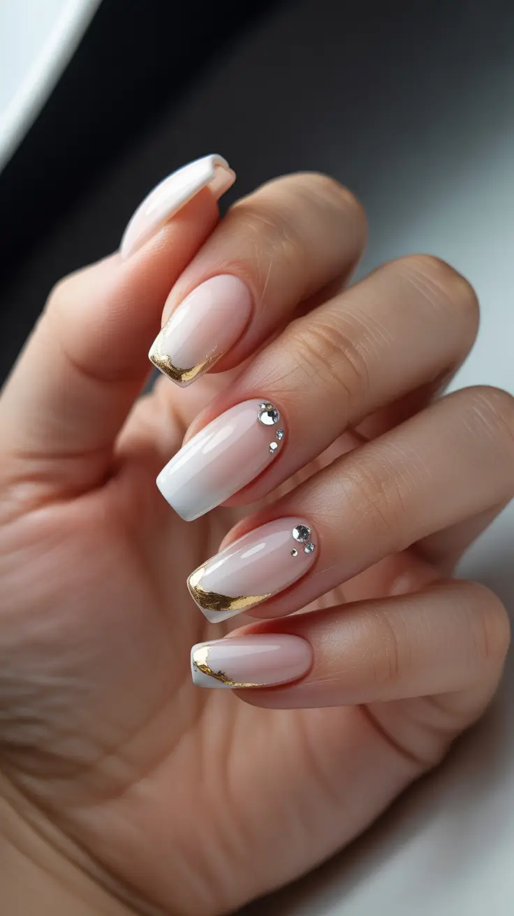 birthday nails Soft Nude Nails with Gold Accents and Crystals