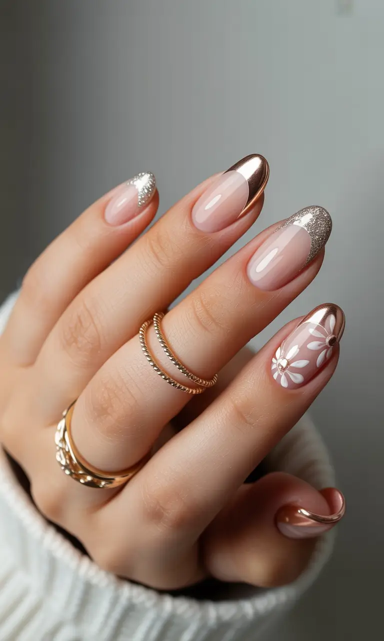 birthday nails Soft Nude Almond Nails with Metallic Tips and Floral Accents