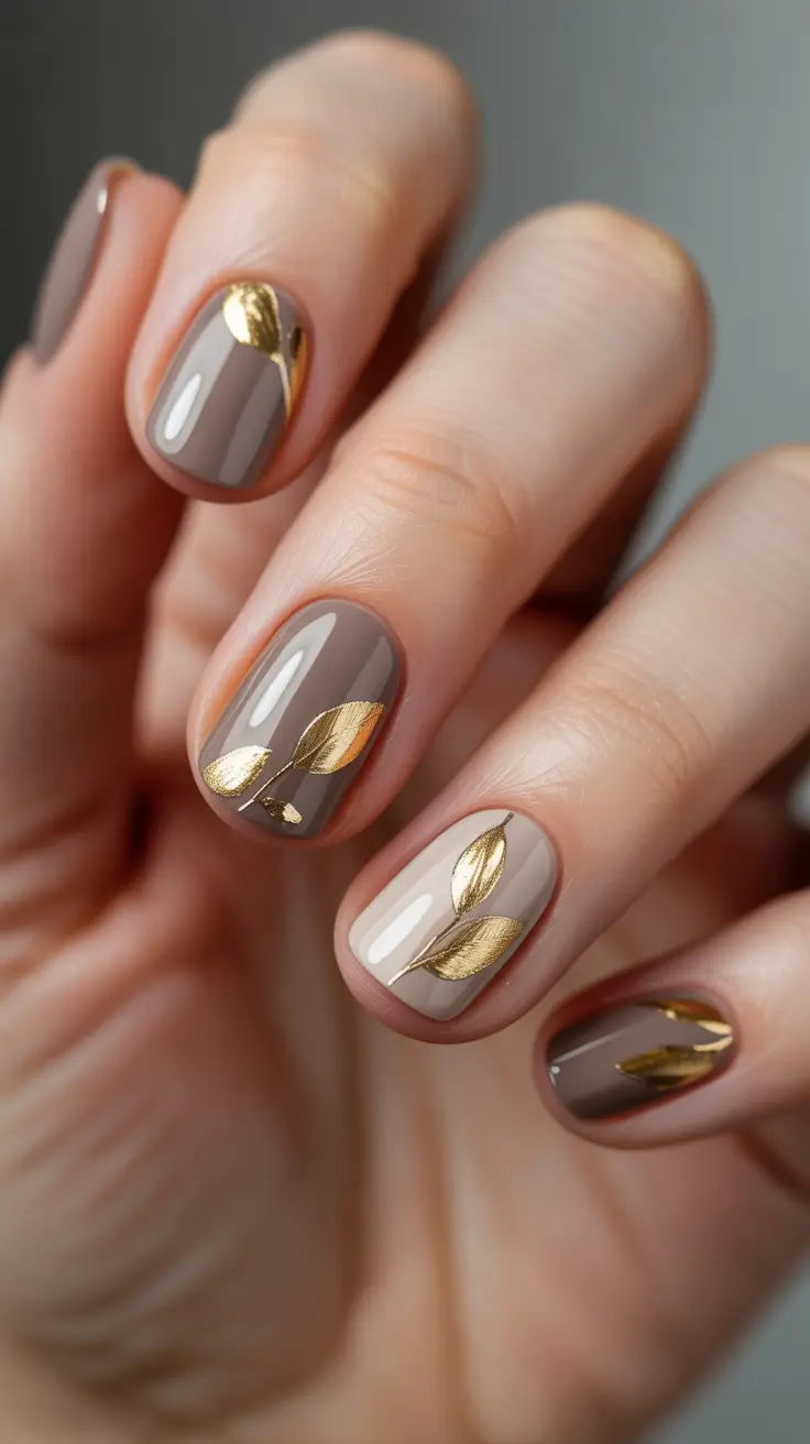 birthday nails Mocha Neutrals with Gold Botanical Details