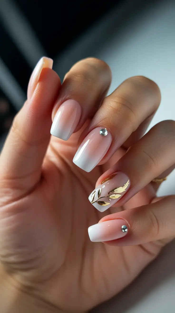 birthday nails Soft Ombre French with Minimal Gold Leaves