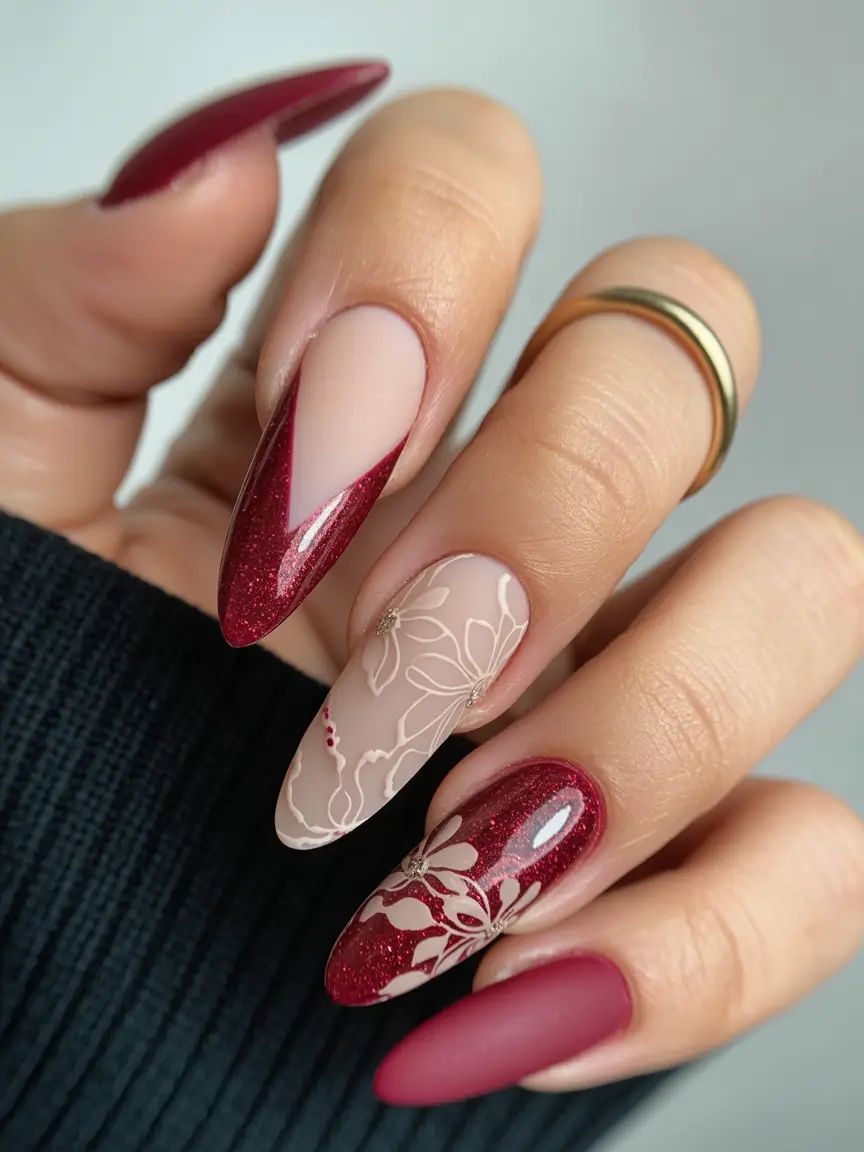 birthday nails Deep Burgundy Nails with Lace-Inspired Art