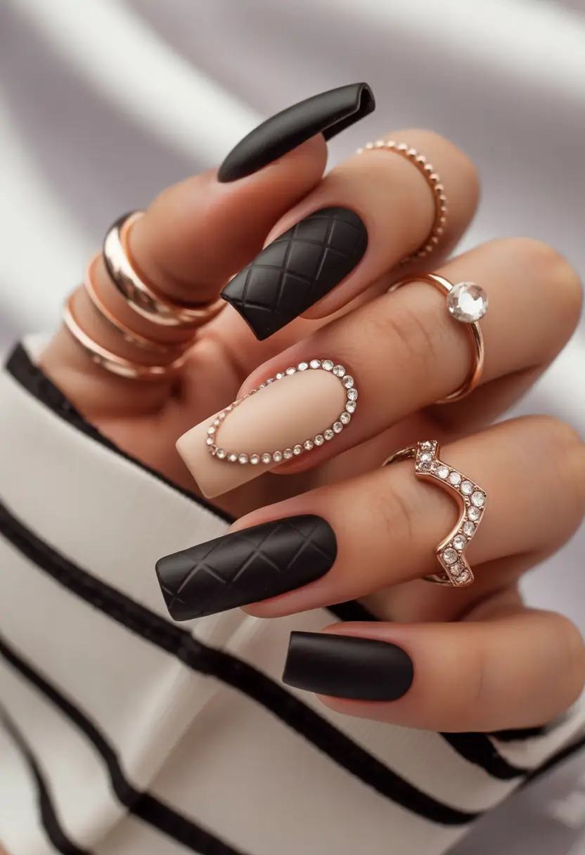 birthday nails Matte Black Nails with Sculptural Rhinestone Accents