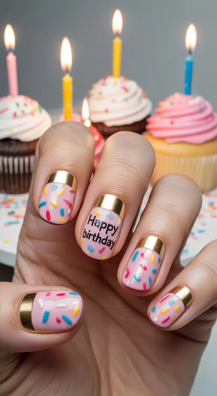 birthday nails Confetti Pink with Metallic Accents