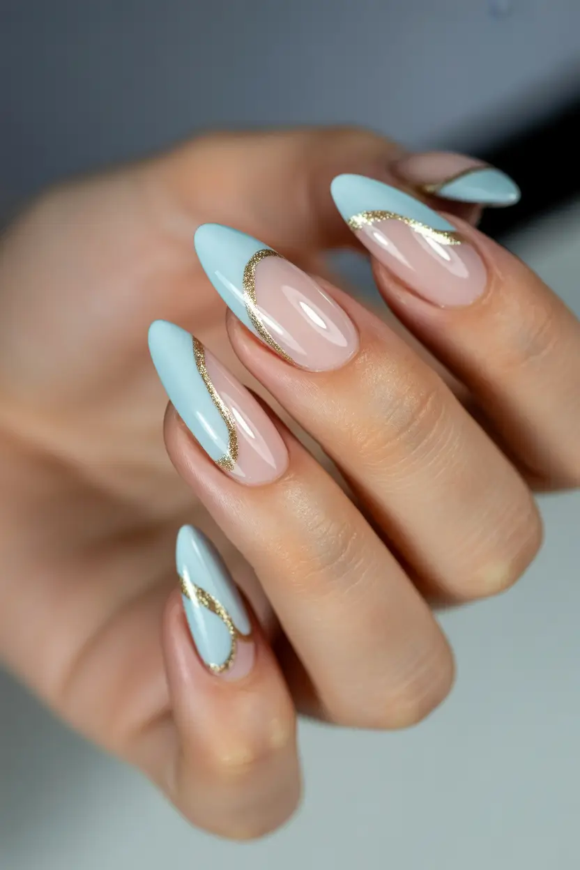 birthday nails Soft Blue Almond Nails with a Golden Edge