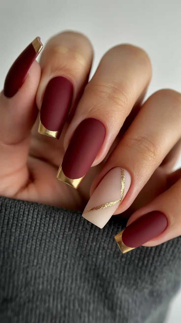 birthday nails Deep Red Matte Nails with Sculpted Gold Tips