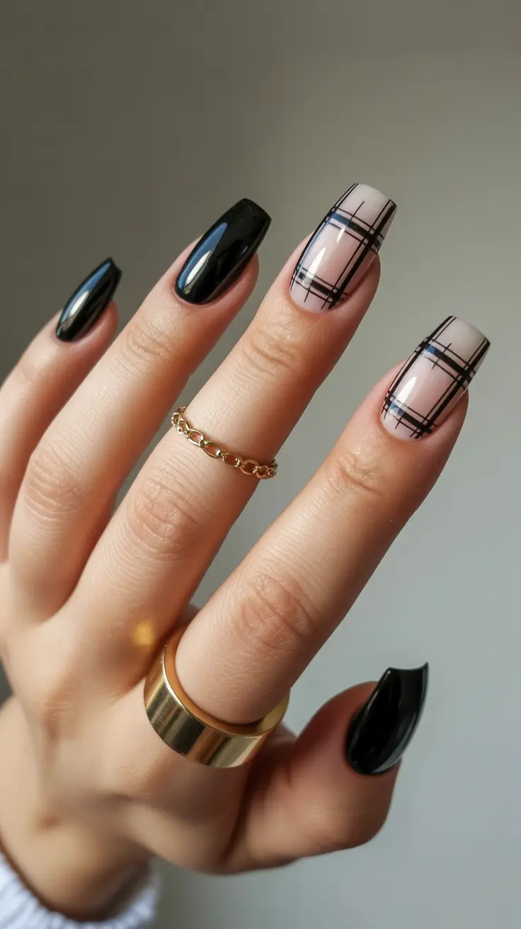 black nails Nude Plaid Minimal Design