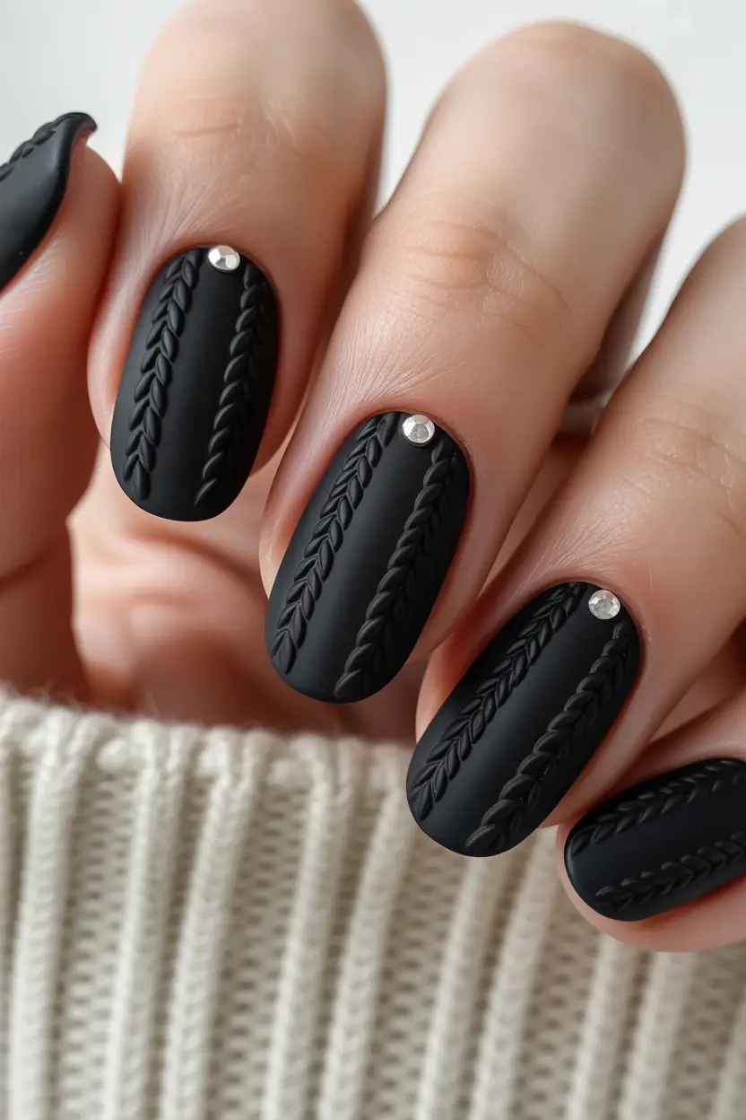 black nails Matte Textured Knit Design